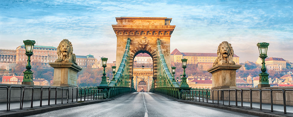 Lion statues at the entrance to Budapest's Chain Bridge