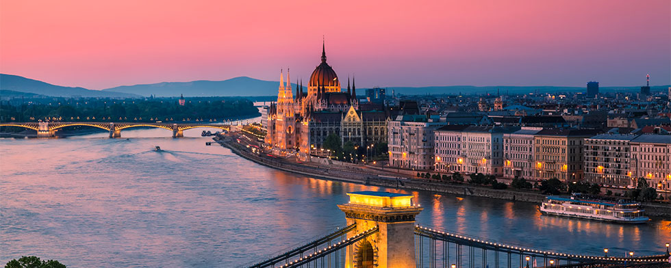 Hungarian Parliament and the Danube River at sunset